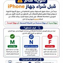 هيئة تنظيم قطاع الاتصالات تدعو المواطنين إلى التحقق من رقم موديل أجهزة iPhone لضمان معرفة الحالة الفعلية للجهاز قبل الشراء