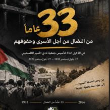 في الذكرى الـ33 لتأسيسه.. نادي الأسير: ماضون في الدفاع عن الأسرى وتوثيق الانتهاكات ومواجهة محاولات طمس قضيتهم