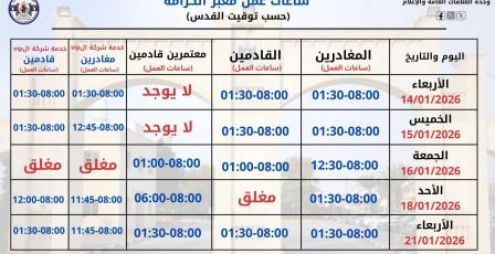 الهيئة العامة للمعابر تعلن ساعات عمل معبر الكرامة خلال الأيام المقبلة