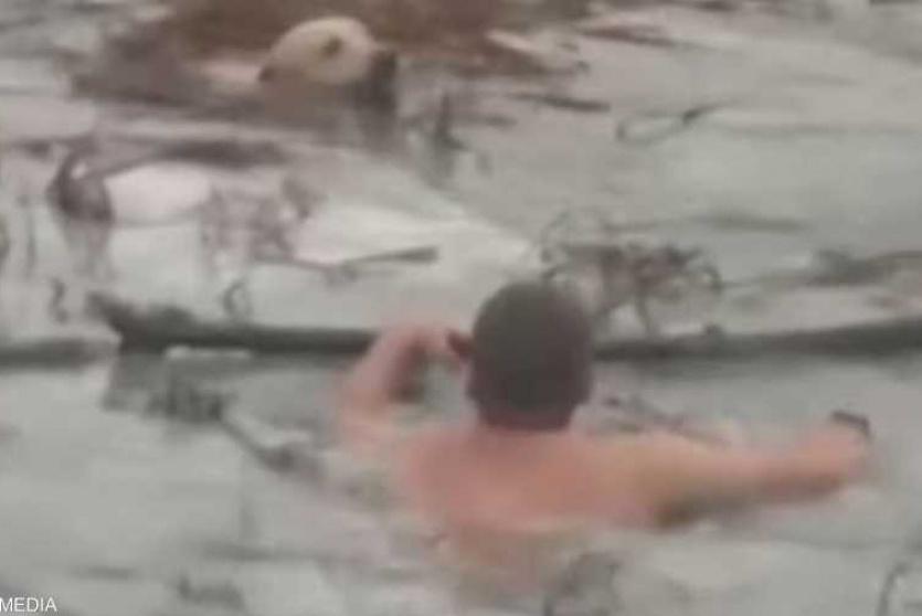 إنقاذ كلب سقط في بحيرة متجمدة