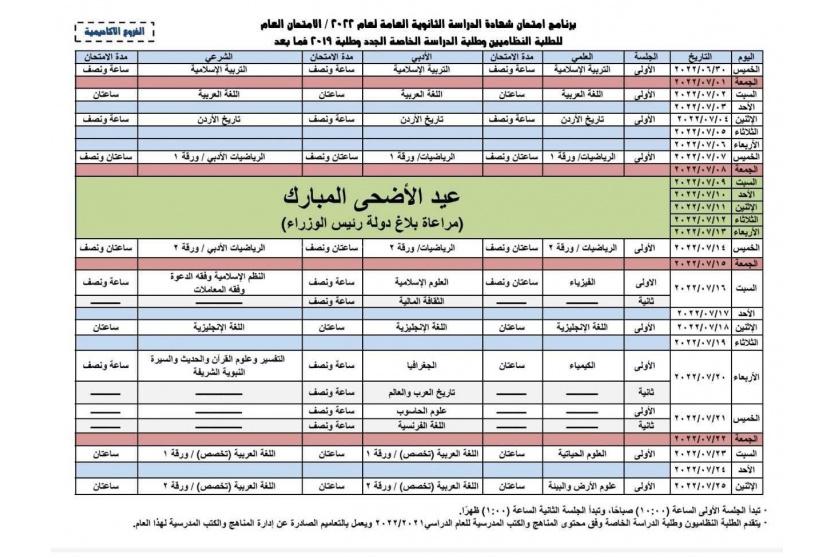 جدول امتحانات الثانوية العامة التوجيهي 2022 في الأردن 