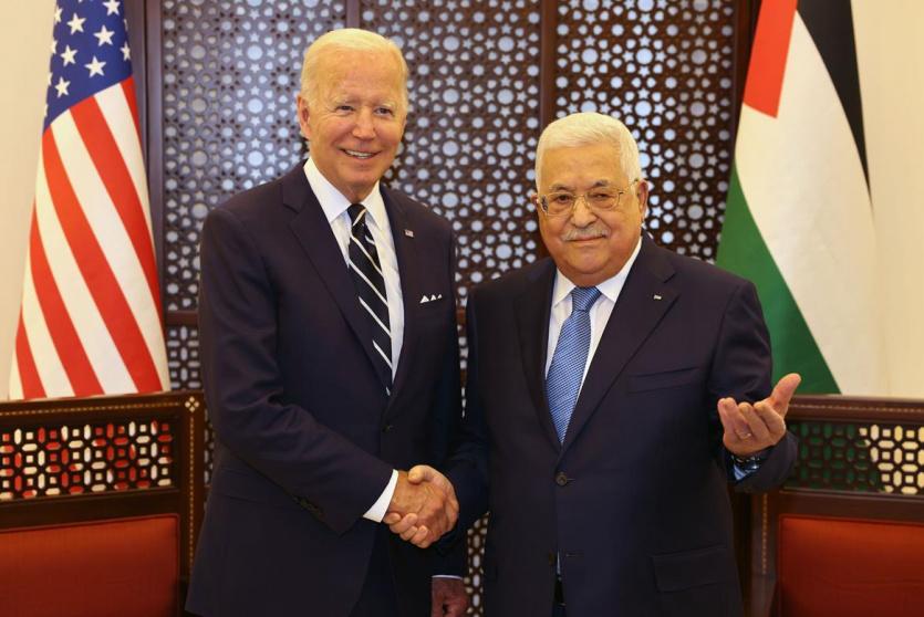 الرئيس محمود عباس خلال استقباله الرئيس الأميركي جو بايدن في قصر الرئاسة ببيت لحم (عدسة: ثائر غنايم)