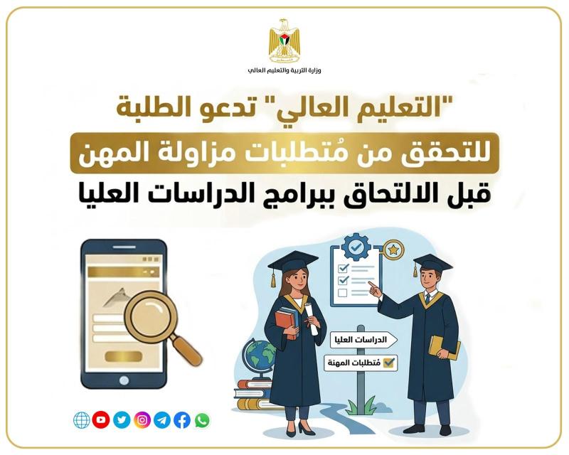 "التعليم العالي" تدعو الطلبة للتحقق من مُتطلبات مزاولة المهن قبل الالتحاق ببرامج الدراسات العليا