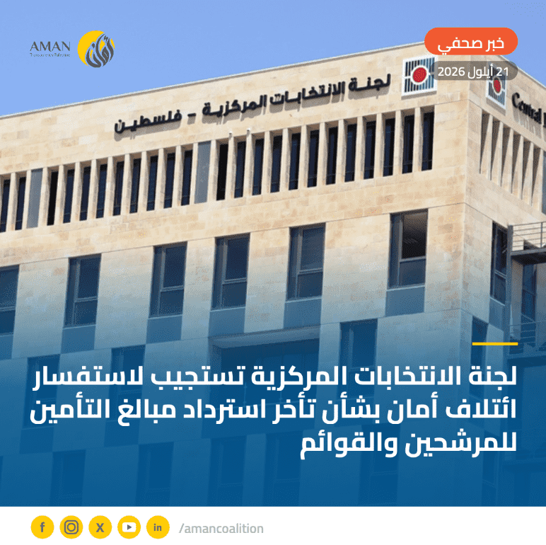لجنة الانتخابات المركزية تستجيب لاستفسار ائتلاف أمان بشأن تأخر استرداد مبالغ التأمين للمرشحين والقوائم