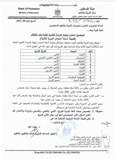 طبيعة امتحانات الدورة الثانية الاستكمال توجيهي فلسطين 2022