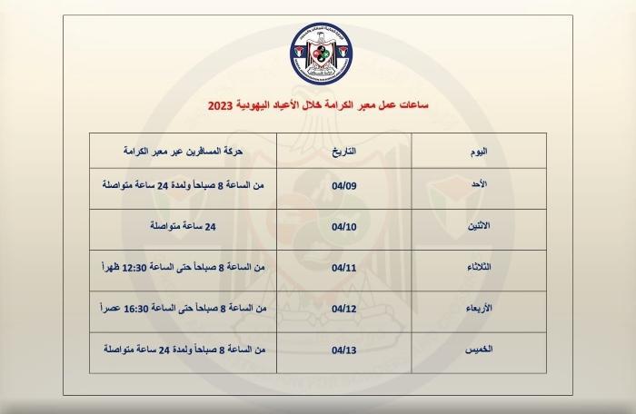 ساعات عمل معبر الكرامة خلال الأسبوع المقبل