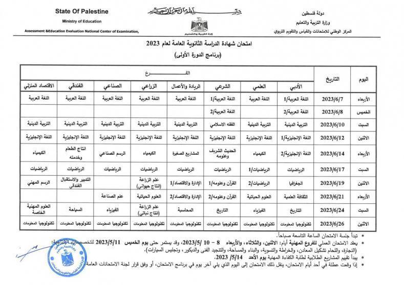 جدول امتحانات التوجيهي 2023 في فلسطين