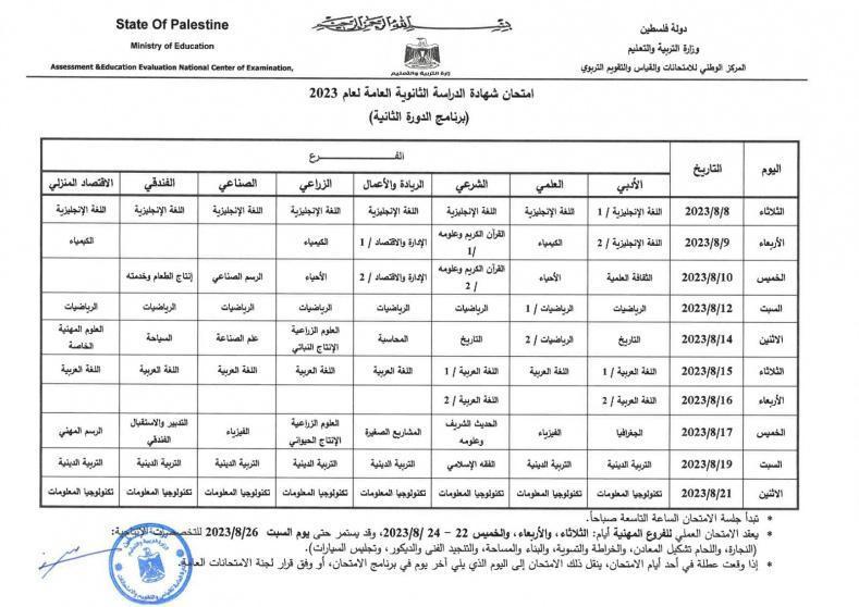 جدول امتحانات التوجيهي 2023 في فلسطين